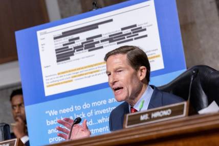Sen. Richard Blumenthal, R-CT, displays a sign with a redacted email from a Meta employee during a Senate Judiciary Committee hearing about Big Tech and the Online Child Sexual Exploitation Crisis on January 31, 2024, at Capitol Hill in Washington, DC.