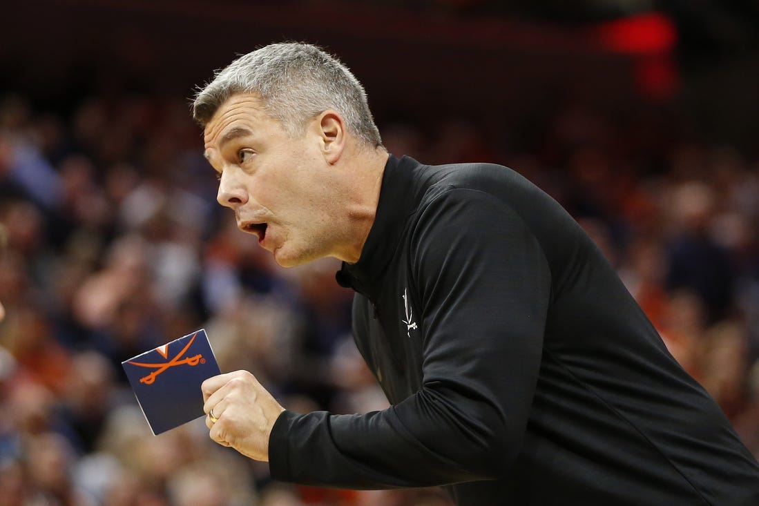 Jan 31, 2024; Charlottesville, Virginia, USA; Virginia Cavaliers head coach Tony Bennett questions a call against the Notre Dame Fighting Irish during the first half at John Paul Jones Arena. Mandatory Credit: Amber Searls-USA TODAY Sports