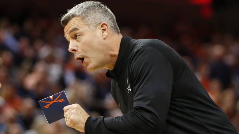 Jan 31, 2024; Charlottesville, Virginia, USA; Virginia Cavaliers head coach Tony Bennett questions a call against the Notre Dame Fighting Irish during the first half at John Paul Jones Arena. Mandatory Credit: Amber Searls-USA TODAY Sports