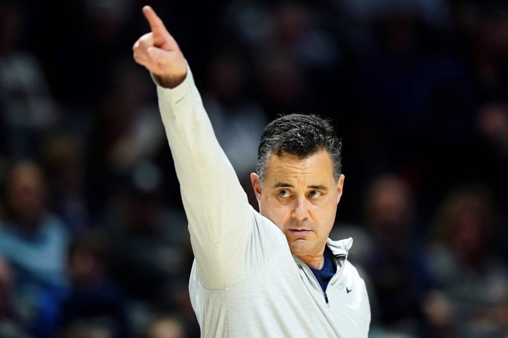 Xavier Musketeers head coach Sean Miller instructs Xavier Musketeers forward Abou Ousmane (24) to go to the locker room after fouling out in the second half of a college basketball game between the St. John's Red Storm and the Xavier Musketeers, Wednesday, Jan. 31, 2024, at Cintas Center in Cincinnati. The Xavier Musketeers won, 88-77.