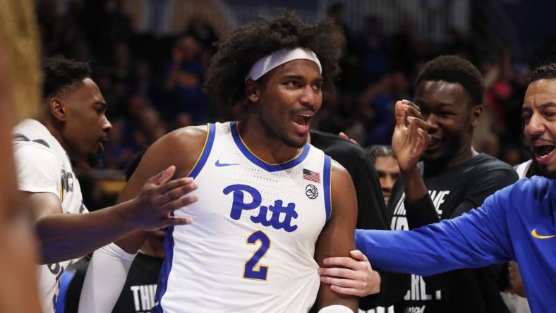 Jan 31, 2024; Pittsburgh, Pennsylvania, USA; Pittsburgh Panthers forward Blake Hinson (2) reacts with the PITT bench against the Wake Forest Demon Deacons during the second half at the Petersen Events Center. Pittsburgh won 77-72. Mandatory Credit: Charles LeClaire-USA TODAY Sports