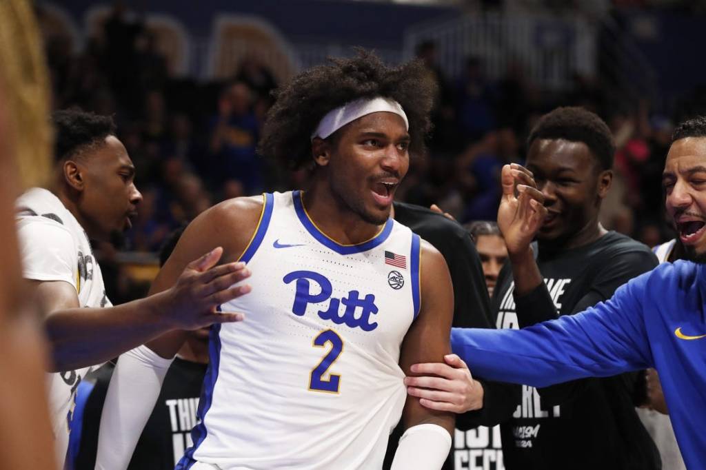 Jan 31, 2024; Pittsburgh, Pennsylvania, USA; Pittsburgh Panthers forward Blake Hinson (2) reacts with the PITT bench against the Wake Forest Demon Deacons during the second half at the Petersen Events Center. Pittsburgh won 77-72. Mandatory Credit: Charles LeClaire-USA TODAY Sports