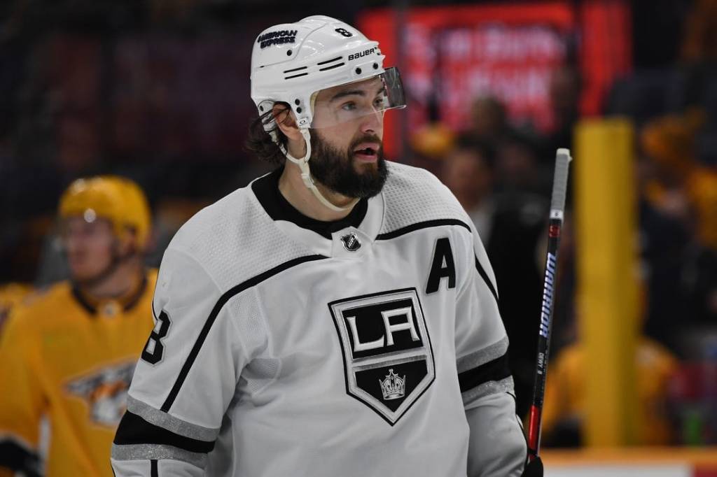 Jan 31, 2024; Nashville, Tennessee, USA; Los Angeles Kings defenseman Drew Doughty (8) skates during a stoppage during the third period against the Nashville Predators at Bridgestone Arena. Mandatory Credit: Christopher Hanewinckel-USA TODAY Sports