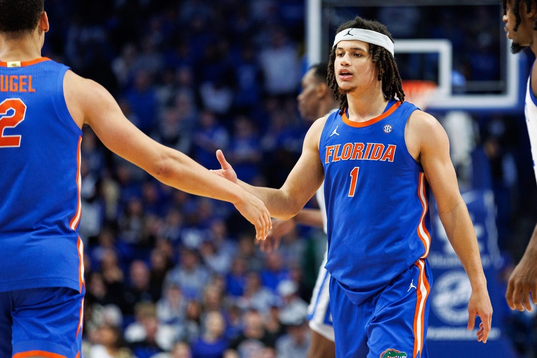 Jan 31, 2024; Lexington, Kentucky, USA; Florida Gators guard Walter Clayton Jr. (1) celebrates during overtime against the Kentucky Wildcats at Rupp Arena at Central Bank Center. Mandatory Credit: Jordan Prather-USA TODAY Sports