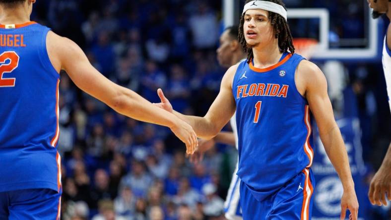 Jan 31, 2024; Lexington, Kentucky, USA; Florida Gators guard Walter Clayton Jr. (1) celebrates during overtime against the Kentucky Wildcats at Rupp Arena at Central Bank Center. Mandatory Credit: Jordan Prather-USA TODAY Sports