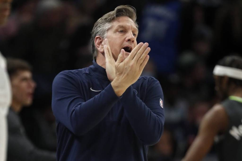 Jan 31, 2024; Minneapolis, Minnesota, USA; Minnesota Timberwolves head coach Chris Finch directs his team as they play the Dallas Mavericks in the first quarter at Target Center. Mandatory Credit: Bruce Kluckhohn-USA TODAY Sports