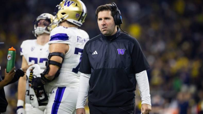 Jan 8, 2024; Houston, TX, USA; Washington Huskies tight ends coach Nick Sheridan against the Michigan Wolverines during the 2024 College Football Playoff national championship game at NRG Stadium. Mandatory Credit: Mark J. Rebilas-USA TODAY Sports