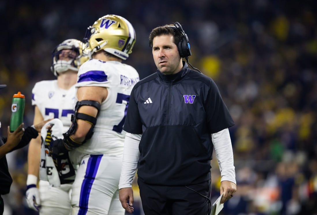 Jan 8, 2024; Houston, TX, USA; Washington Huskies tight ends coach Nick Sheridan against the Michigan Wolverines during the 2024 College Football Playoff national championship game at NRG Stadium. Mandatory Credit: Mark J. Rebilas-USA TODAY Sports