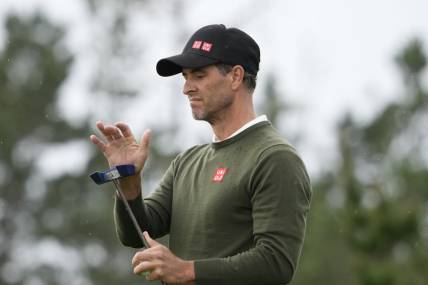 Feb 1, 2024; Pebble Beach, California, USA; Adam Scott reacts after his putt on the 10th hole during the first round of the AT&T Pebble Beach Pro-Am golf tournament at Spyglass Hill Golf Course. Mandatory Credit: Michael Madrid-USA TODAY Sports