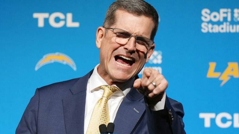 Feb 1, 2024; Inglewood, CA, USA; Los Angeles Chargers coach Jim Harbaugh speaks at an introductory press conference at YouTube Theater at SoFi Stadium. Mandatory Credit: Kirby Lee-USA TODAY Sports