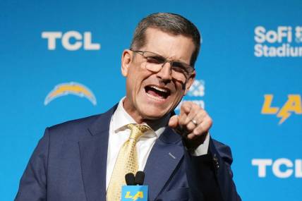 Feb 1, 2024; Inglewood, CA, USA; Los Angeles Chargers coach Jim Harbaugh speaks at an introductory press conference at YouTube Theater at SoFi Stadium. Mandatory Credit: Kirby Lee-USA TODAY Sports