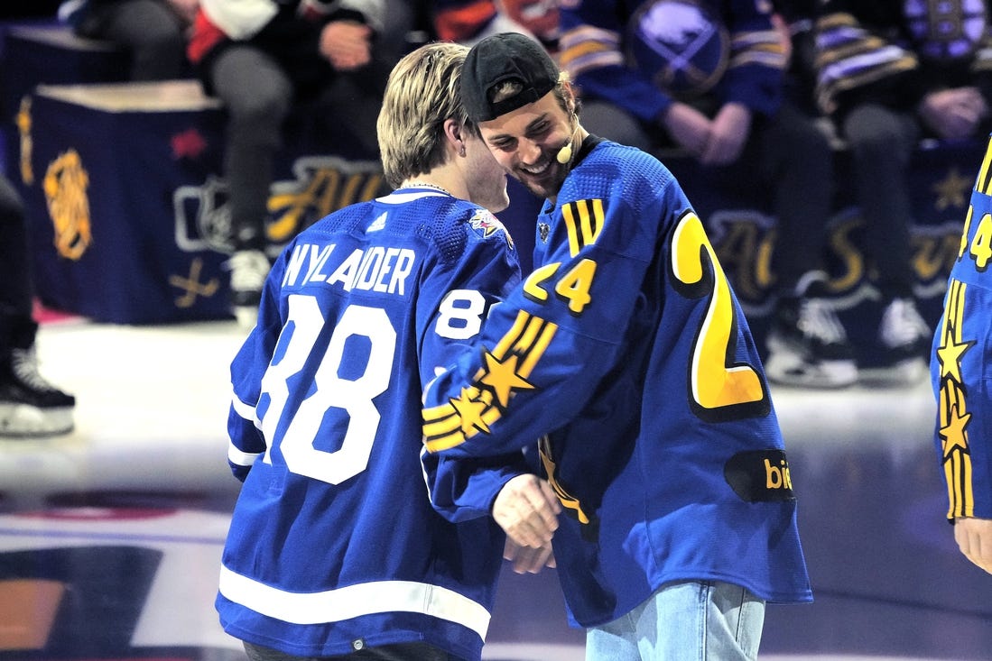 Feb 1, 2024; Toronto, Ontario, CANADA; Team Matthews celebrity Justin Bieber selects Toronto Maple Leafs forward William Nylander during the NHL All-Star Player Draft on NHL All-Star Thursday at Scotiabank Arena. Mandatory Credit: John E. Sokolowski-USA TODAY Sports