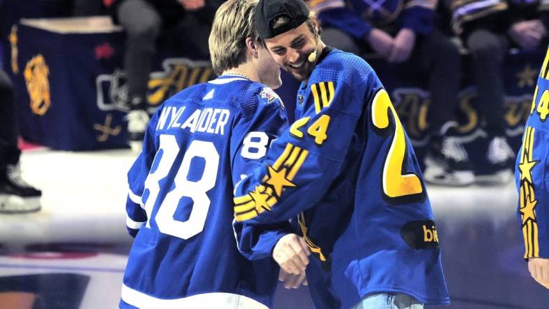 Feb 1, 2024; Toronto, Ontario, CANADA; Team Matthews celebrity Justin Bieber selects Toronto Maple Leafs forward William Nylander during the NHL All-Star Player Draft on NHL All-Star Thursday at Scotiabank Arena. Mandatory Credit: John E. Sokolowski-USA TODAY Sports