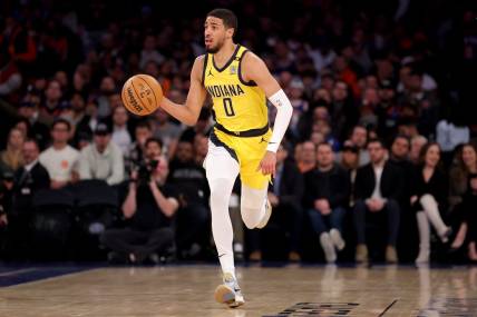 Feb 1, 2024; New York, New York, USA; Indiana Pacers guard Tyrese Haliburton (0) brings the ball up court against the New York Knicks during the first quarter at Madison Square Garden. Mandatory Credit: Brad Penner-USA TODAY Sports