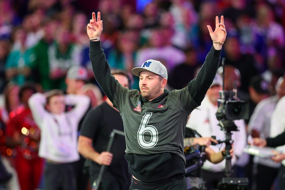 Feb 1, 2024; Orlando, FL, USA;  Tampa Bay Buccaneers quarterback Baker Mayfield (6) participates in the NFL Pro Bowl Skills Competition at the UCF NIcholson Fieldhouse. Mandatory Credit: Nathan Ray Seebeck-USA TODAY Sports