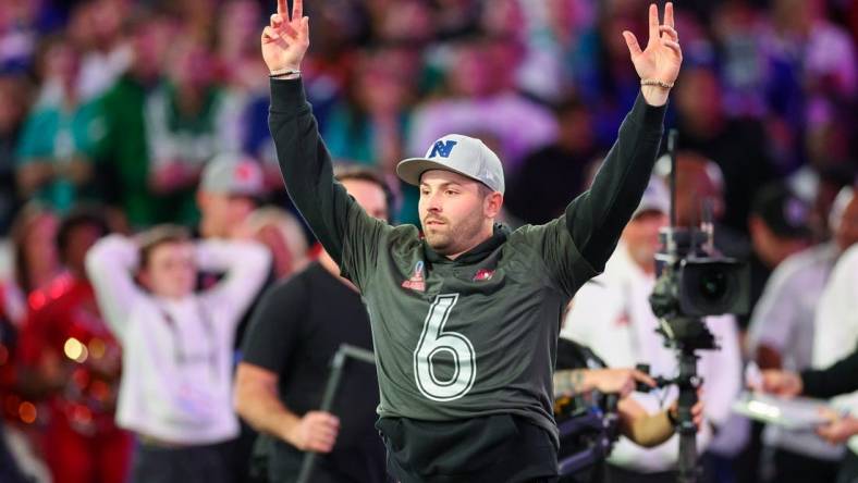 Feb 1, 2024; Orlando, FL, USA;  Tampa Bay Buccaneers quarterback Baker Mayfield (6) participates in the NFL Pro Bowl Skills Competition at the UCF NIcholson Fieldhouse. Mandatory Credit: Nathan Ray Seebeck-USA TODAY Sports