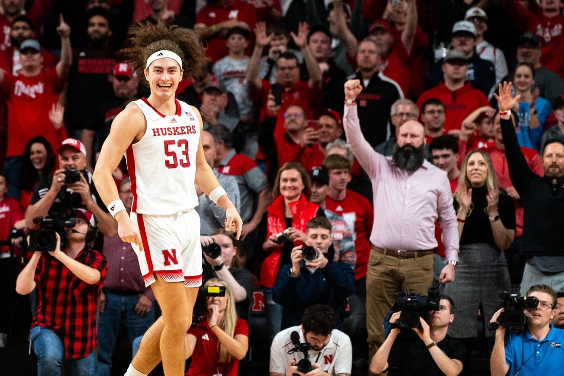 Feb 1, 2024; Lincoln, Nebraska, USA; Nebraska Cornhuskers forward Josiah Allick (53) celebrates as the Cornhuskers defeat the Wisconsin Badgers in overtime at Pinnacle Bank Arena. Mandatory Credit: Dylan Widger-USA TODAY Sports