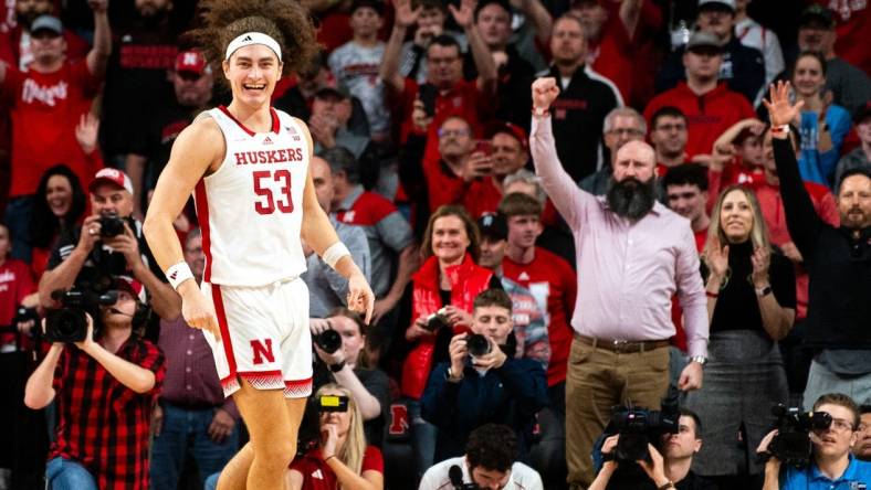 Feb 1, 2024; Lincoln, Nebraska, USA; Nebraska Cornhuskers forward Josiah Allick (53) celebrates as the Cornhuskers defeat the Wisconsin Badgers in overtime at Pinnacle Bank Arena. Mandatory Credit: Dylan Widger-USA TODAY Sports