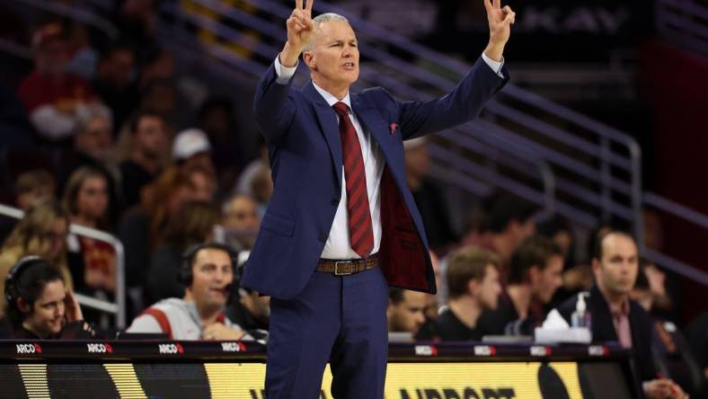 Feb 1, 2024; Los Angeles, California, USA; USC Trojans head coach Andy Enfield calls a play during the first half against the Oregon Ducks at Galen Center. Mandatory Credit: Kiyoshi Mio-USA TODAY Sports