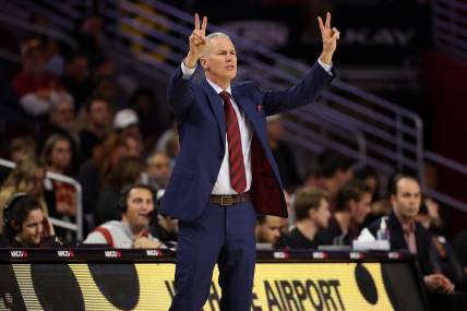 Feb 1, 2024; Los Angeles, California, USA; USC Trojans head coach Andy Enfield calls a play during the first half against the Oregon Ducks at Galen Center. Mandatory Credit: Kiyoshi Mio-USA TODAY Sports