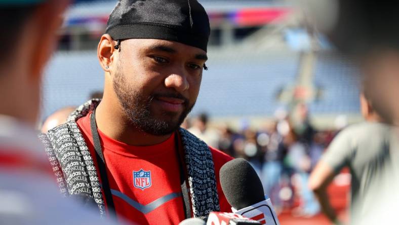Feb 2, 2024; Orlando, FL, USA;  Miami Dolphins quarterback Tua Tagovailoa (30) participates in the AFC versus NFC Pro Bowl practice and media day at Camping World Stadium. Mandatory Credit: Nathan Ray Seebeck-USA TODAY Sports