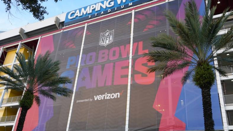 Feb 2, 2024; Orlando, FL, USA; The Pro Bowl Games logo on the Camping World Stadium facade. Mandatory Credit: Kirby Lee-USA TODAY Sports