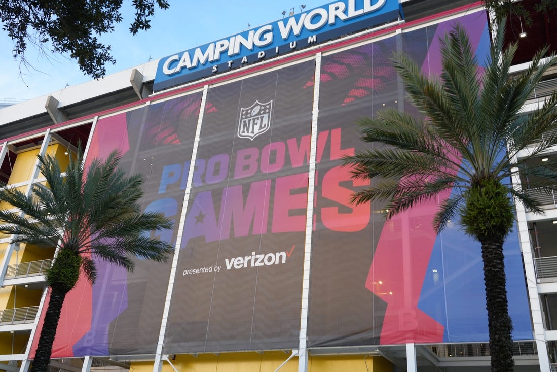 Feb 2, 2024; Orlando, FL, USA; The Pro Bowl Games logo on the Camping World Stadium facade. Mandatory Credit: Kirby Lee-USA TODAY Sports