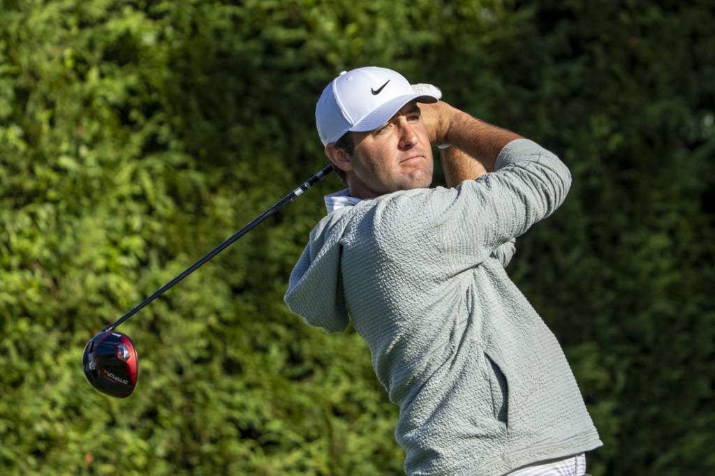 February 2, 2024; Pebble Beach, California, USA; Scottie Scheffler  hits his tee shot on the 16th hole during the second round of the AT&T Pebble Beach Pro-Am golf tournament at Pebble Beach Golf Links. Mandatory Credit: Kyle Terada-USA TODAY Sports