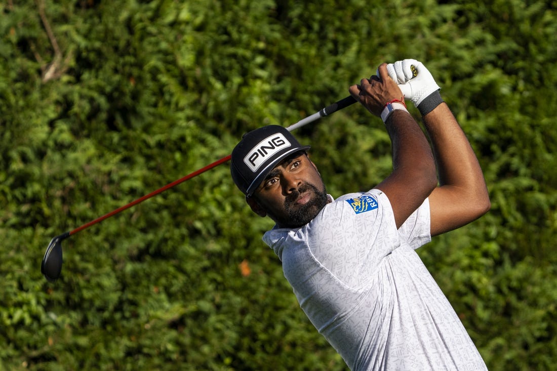 February 2, 2024; Pebble Beach, California, USA; Sahith Theegala hits his tee shot on the 16th hole during the second round of the AT&T Pebble Beach Pro-Am golf tournament at Pebble Beach Golf Links. Mandatory Credit: Kyle Terada-USA TODAY Sports