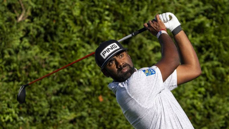 February 2, 2024; Pebble Beach, California, USA; Sahith Theegala hits his tee shot on the 16th hole during the second round of the AT&T Pebble Beach Pro-Am golf tournament at Pebble Beach Golf Links. Mandatory Credit: Kyle Terada-USA TODAY Sports