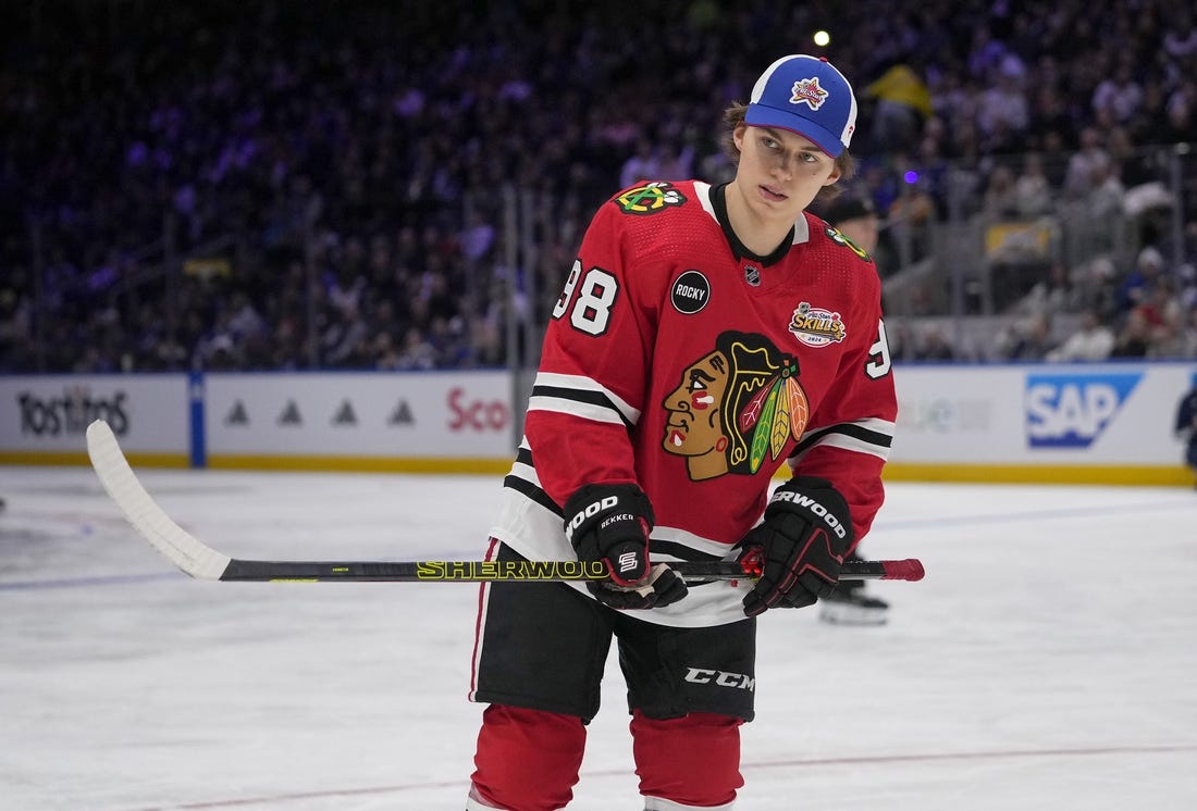 Feb 2, 2024; Toronto, Ontario, CANADA; Chicago Blackhawks center Connor Bedard during the one-timer competition during the NHL All-Star Skills Competition at Scotiabank Arena. Mandatory Credit: John E. Sokolowski-USA TODAY Sports