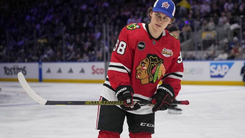 Feb 2, 2024; Toronto, Ontario, CANADA; Chicago Blackhawks center Connor Bedard during the one-timer competition during the NHL All-Star Skills Competition at Scotiabank Arena. Mandatory Credit: John E. Sokolowski-USA TODAY Sports