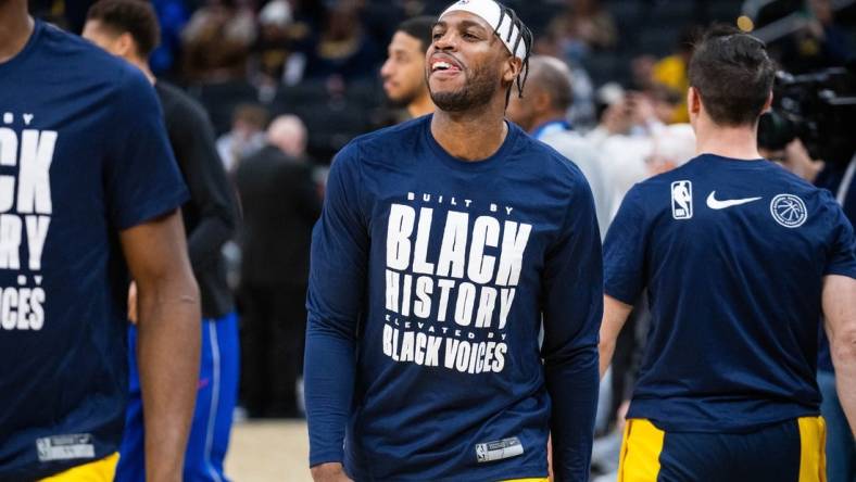 Feb 2, 2024; Indianapolis, Indiana, USA; Indiana Pacers guard Buddy Hield (7) in the first half against the Sacramento Kings at Gainbridge Fieldhouse. Mandatory Credit: Trevor Ruszkowski-USA TODAY Sports