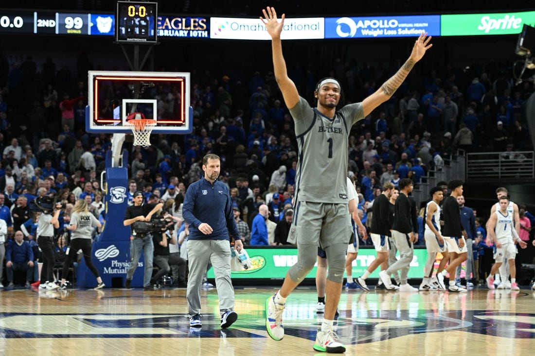 Feb 2, 2024; Omaha, Nebraska, USA; Butler Bulldogs forward Jalen Thomas (1) celebrates the win against the Creighton Bluejays in the second half at CHI Health Center Omaha. Mandatory Credit: Steven Branscombe-USA TODAY Sports