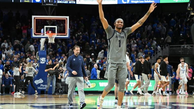 Feb 2, 2024; Omaha, Nebraska, USA; Butler Bulldogs forward Jalen Thomas (1) celebrates the win against the Creighton Bluejays in the second half at CHI Health Center Omaha. Mandatory Credit: Steven Branscombe-USA TODAY Sports