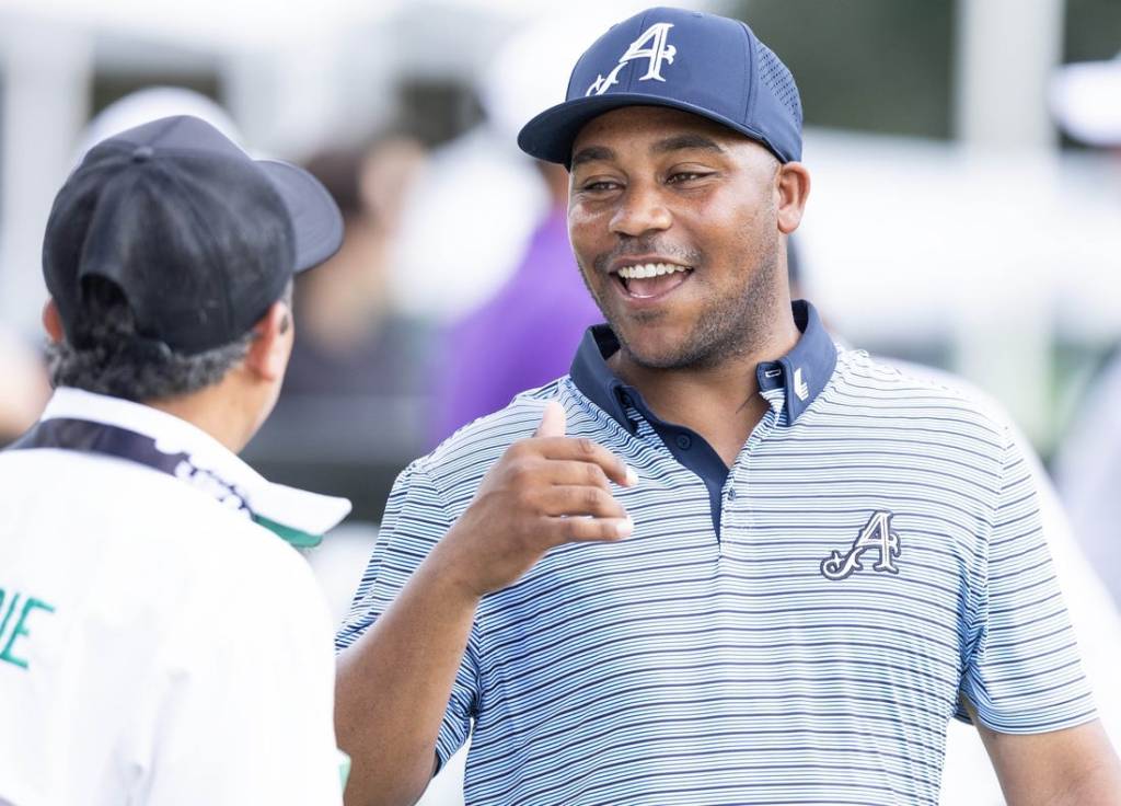 Feb 3, 2024; Playa del Carmen, Quintana Roo, MEX; Team Aces player Harold Varner III with local Mayakoba caddie David  Tukan  before the second round of the LIV Golf Mayakoba tournament at El Chamaleon Golf Course. Mandatory Credit: Erich Schlegel-USA TODAY Sports