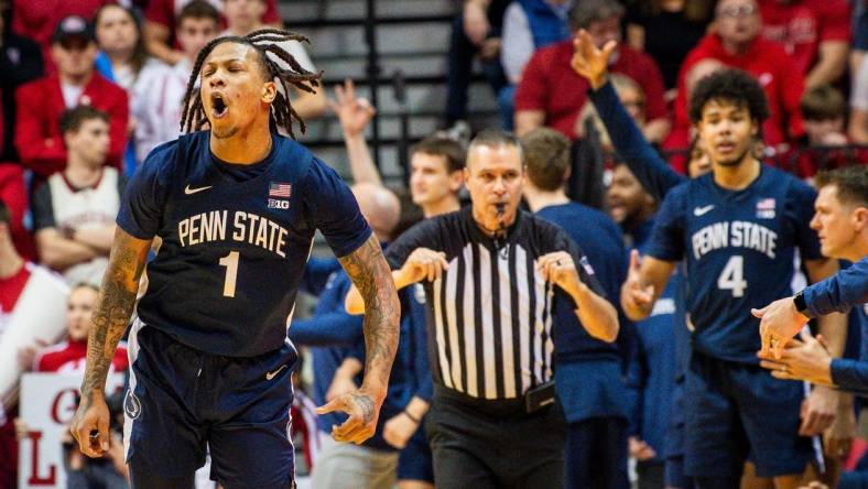 Penn State's Ace Baldwin Jr. (1) celebrates his three-pointer during the second half of the Indiana versus Penn State men's basketball game at Simon Skjodt Assembly Hall on Saturday, Feb. 3, 2024.