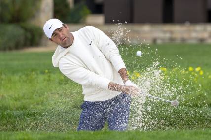 February 3, 2024; Pebble Beach, California, USA; Scottie Scheffler hits his bunker shot on the second hole during the third round of the AT&T Pebble Beach Pro-Am golf tournament at Pebble Beach Golf Links. Mandatory Credit: Kyle Terada-USA TODAY Sports