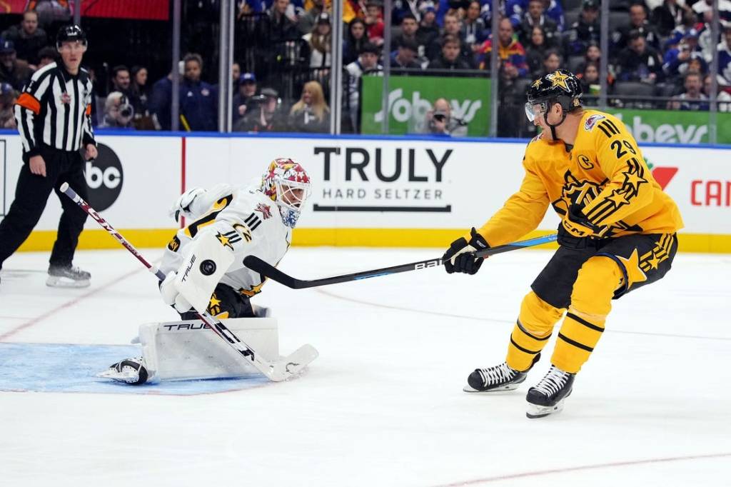 Feb 3, 2024; Toronto, Ontario, CAN; Team MacKinnon center Nathan MacKinnon (29) of the Colorado Avalanche shoots the puck against Team McDavid goalkeeper Sergei Bobrovsky (72) of the Florida Panthers in the 2024 NHL All-Star Game at Scotiabank Arena. Mandatory Credit: John E. Sokolowski-USA TODAY Sports