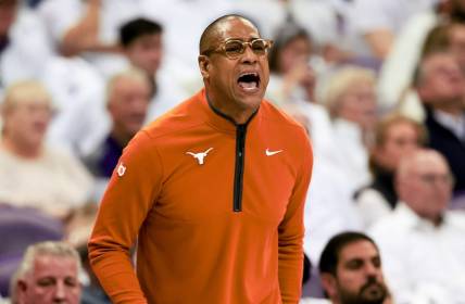 Feb 3, 2024; Fort Worth, Texas, USA; Texas Longhorns head coach Rodney Terry reacts during the game against the TCU Horned Frogs at Ed and Rae Schollmaier Arena. Mandatory Credit: Kevin Jairaj-USA TODAY Sports
