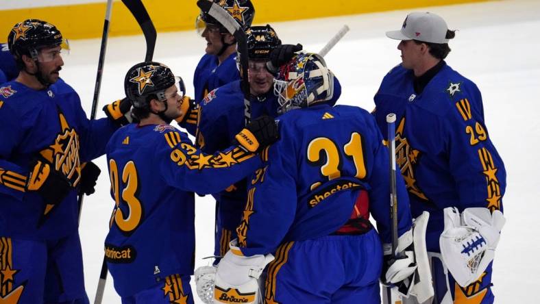 Feb 3, 2024; Toronto, Ontario, CAN; Team Matthews celebrates after beating Team Hughes in the 2024 NHL All-Star Game at Scotiabank Arena. Mandatory Credit: John E. Sokolowski-USA TODAY Sports