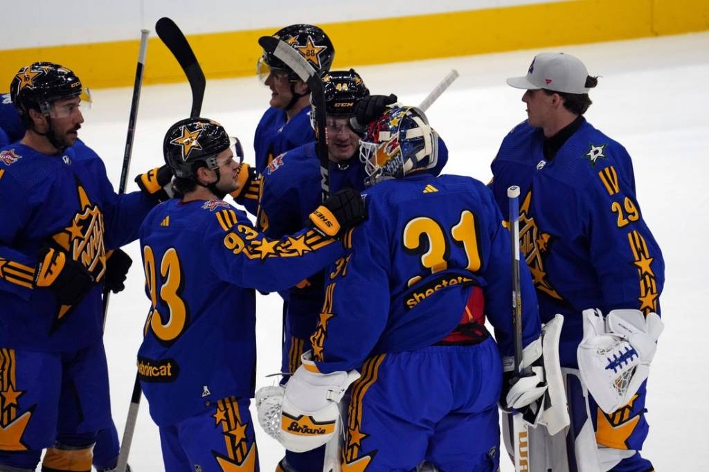 Feb 3, 2024; Toronto, Ontario, CAN; Team Matthews celebrates after beating Team Hughes in the 2024 NHL All-Star Game at Scotiabank Arena. Mandatory Credit: John E. Sokolowski-USA TODAY Sports