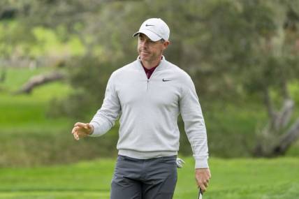 February 3, 2024; Pebble Beach, California, USA; Rory McIlroy acknowledges the crowd after making his putt on the second hole during the third round of the AT&T Pebble Beach Pro-Am golf tournament at Pebble Beach Golf Links. Mandatory Credit: Kyle Terada-USA TODAY Sports