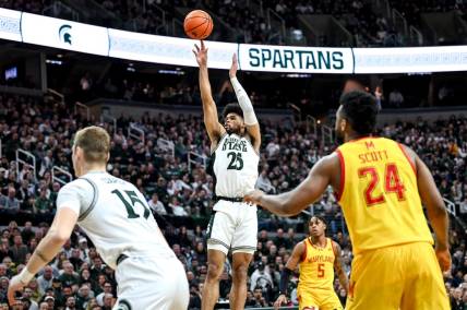 Michigan State's Malik Hall scores against Maryland during the first half on Saturday, Feb. 3, 2024, at the Breslin Center in East Lansing.