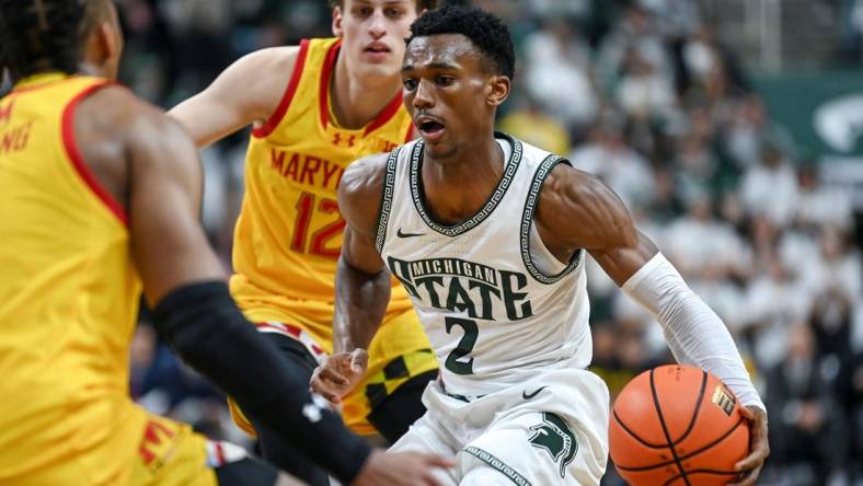 Michigan State's Tyson Walker moves the ball against Maryland during the second half on Saturday, Feb. 3, 2024, at the Breslin Center in East Lansing.