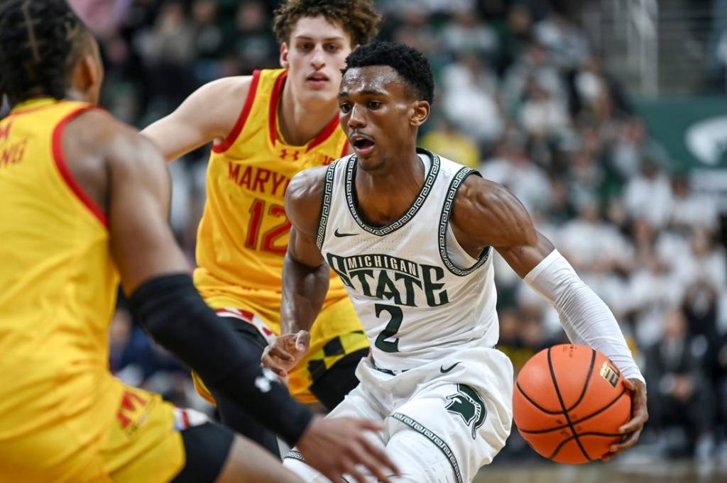 Michigan State's Tyson Walker moves the ball against Maryland during the second half on Saturday, Feb. 3, 2024, at the Breslin Center in East Lansing.