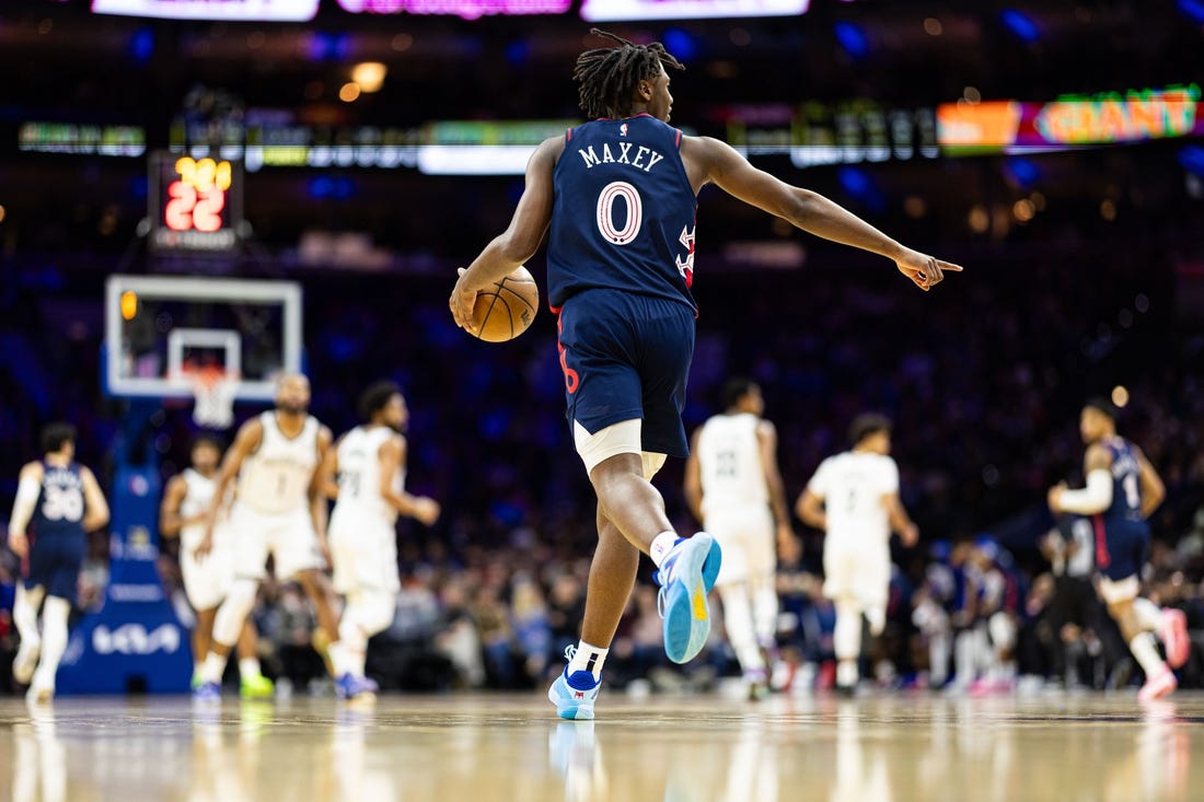 Feb 3, 2024; Philadelphia, Pennsylvania, USA; Philadelphia 76ers guard Tyrese Maxey (0) brings the ball up court against the Brooklyn Nets during the third quarter at Wells Fargo Center. Mandatory Credit: Bill Streicher-USA TODAY Sports