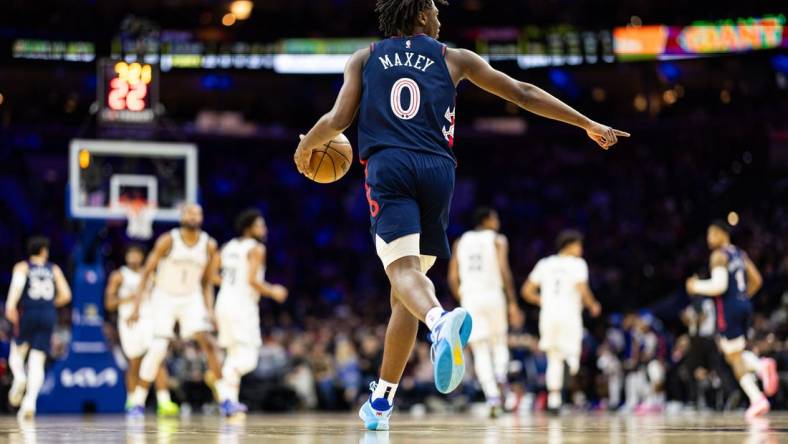 Feb 3, 2024; Philadelphia, Pennsylvania, USA; Philadelphia 76ers guard Tyrese Maxey (0) brings the ball up court against the Brooklyn Nets during the third quarter at Wells Fargo Center. Mandatory Credit: Bill Streicher-USA TODAY Sports