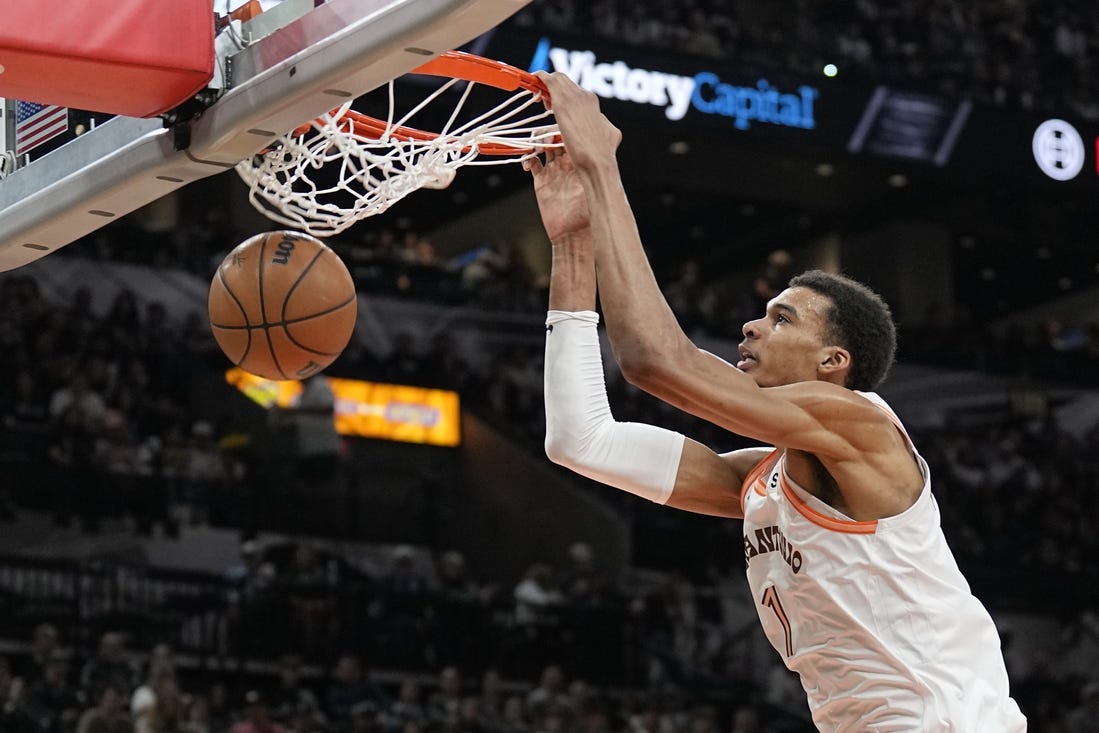 Feb 3, 2024; San Antonio, Texas, USA; San Antonio Spurs forward Victor Wembanyama (1) dunks during the first half against the Cleveland Cavaliers at Frost Bank Center. Mandatory Credit: Scott Wachter-USA TODAY Sports