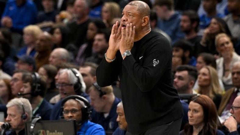 Feb 3, 2024; Dallas, Texas, USA; Milwaukee Bucks head coach Doc Rivers yells to his team during the second quarter against the Dallas Mavericks at the American Airlines Center. Mandatory Credit: Jerome Miron-USA TODAY Sports